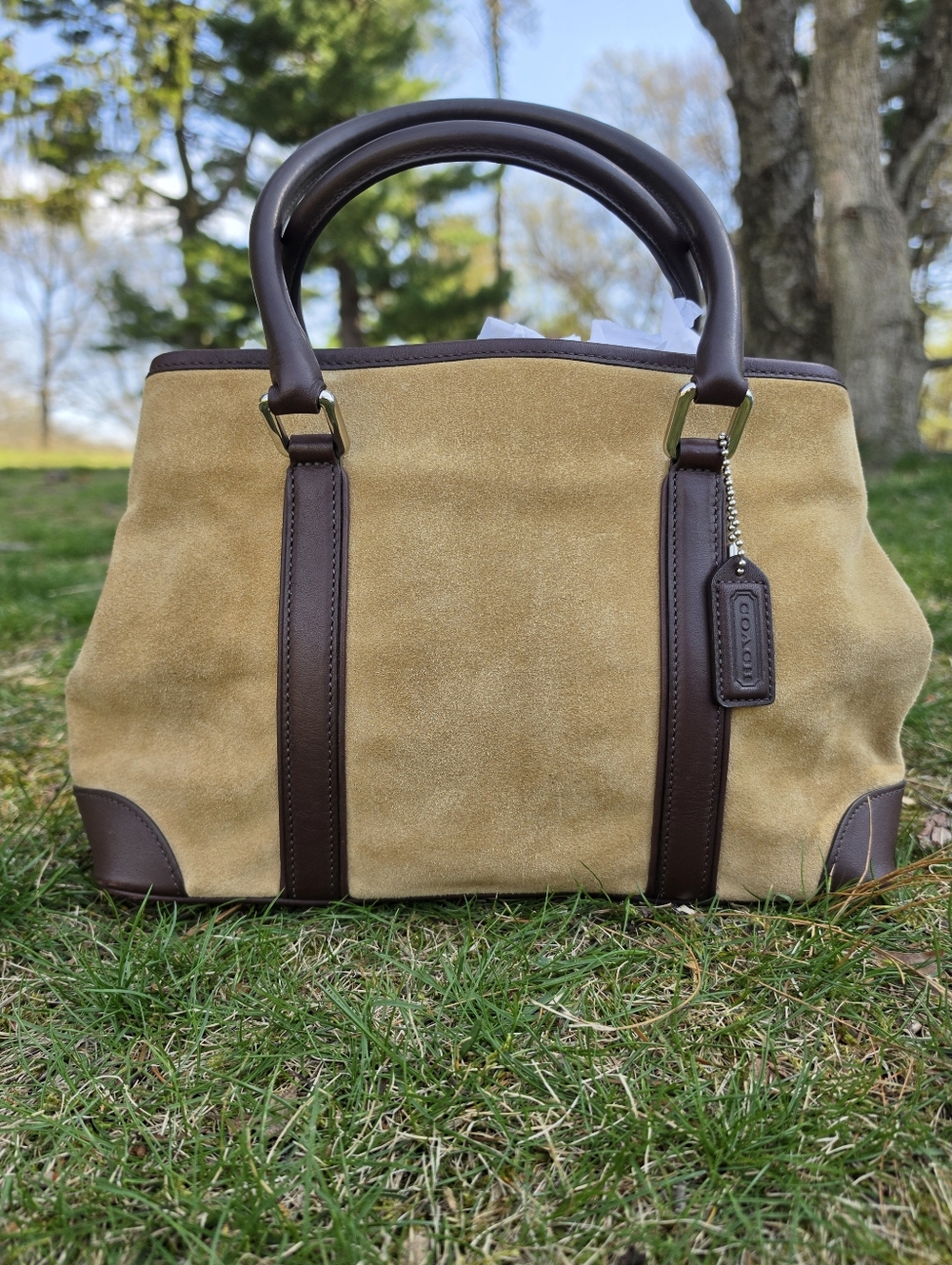 Coach Hampton Beige Tan Suade & Brown Leather Medium Carryall Tote Bag Satchel
